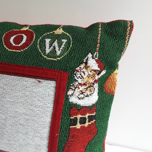 Christmas Photo Cat Pillow MEOW Santa's Claws 12x9 Green Red Tapestry - Picture 6 of 8